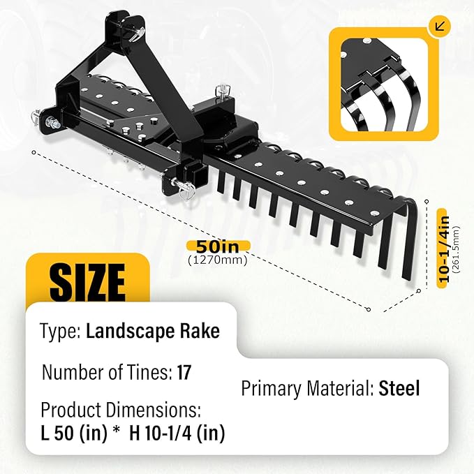 ECOTRIC 50In Landscape Rake Compatible with Category-0 Cat0 Tractor 3 Point & 5-Position Angle Adjustment for Garden, Farm, Grass Steel Powder Coated Black