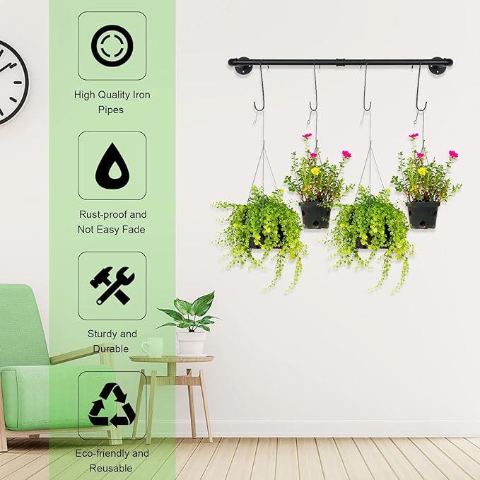 Yoiemivy Hanging Planter Bars with 4 Hooks Hanging Planters for Indoor Plant Wall Mount Planter Hanger Rod Black Window Plant Hanger Shelf Holder for Window Wall Ceiling Herb Garden (Black)