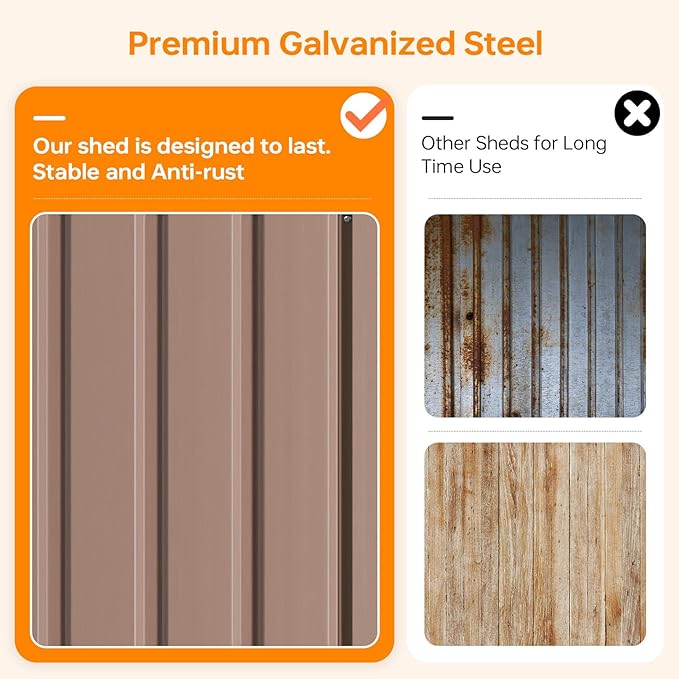 10x12 FT Outdoor Storage Shed, Utility Steel Tool Shed with Lockable Door and Air Vents, Galvanized Metal Shed for Garden Backyard Patio Lawn (10'x12', Brown)