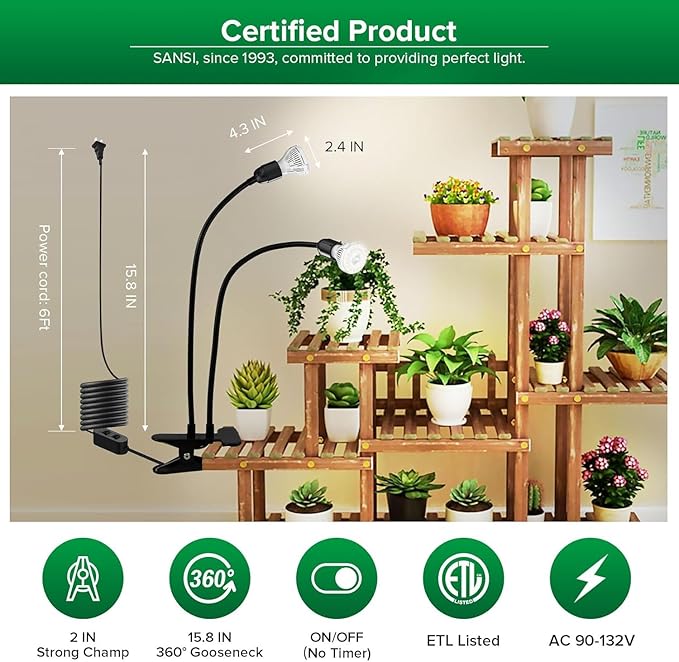 SANSI LED Grow Lights for Indoor Plants, Lifetime Free Bulb Replacement, 300W Full Spectrum Dual Gooseneck Clip Plant Grow Light with Optical Lens for High PPFD Growing Power Lamp,No Timer