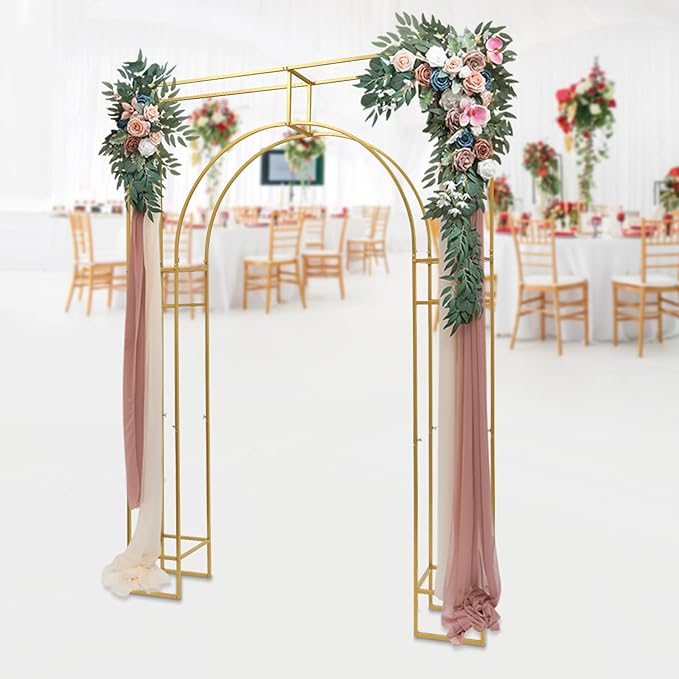 7.87ft Tall Double Arch Wedding Backdrop Stand, Gold Metal Open Arch Backdrop, Frame Square Shaped Wedding Arches for Ceremony Baby Shower Garden Birthday Party
