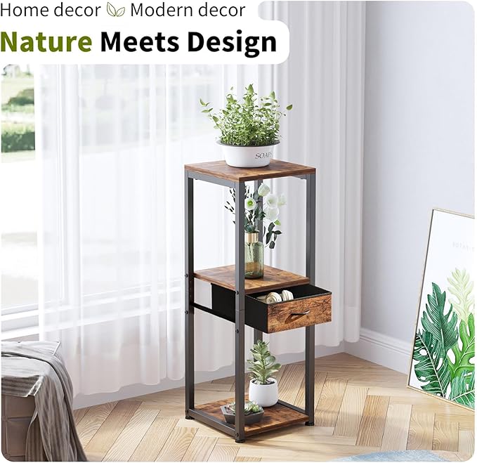 3 Tier Tall Plant Stand with Fabric Drawer , Corner Plant Stands for Indoor Plants Multiple, Small Side Table for Indoor Plants
