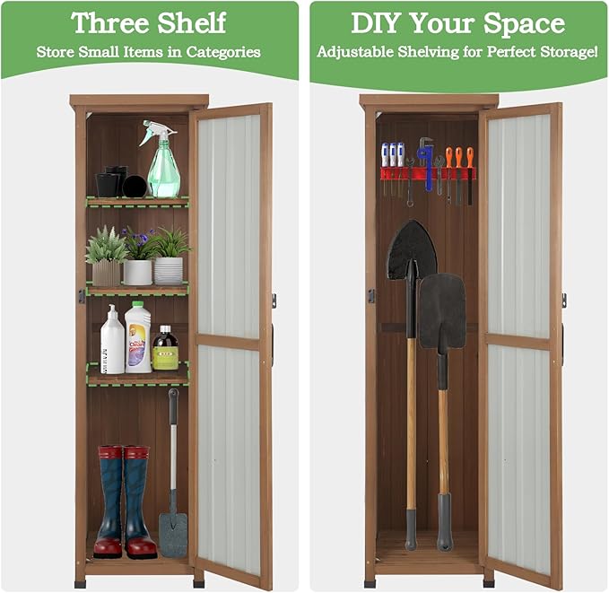 62" H Narrow Outdoor Storage Cabinet with Metal Top, Outdoor Indoor Storage Cabinet Waterproof with Adjustable Shelves for Corner, Patio, Garden, Porch, Laundry Room or Entryway Storage
