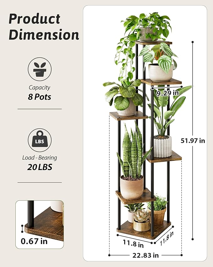 Corner Plant Stand Indoor 6 Tiered Tall Plant Stand Plant Shelf for Multiple Plants Coner Shelf Wood Plant Stands Metal Shelving for Living Room Bedroom Balcony Patio Brown Oak