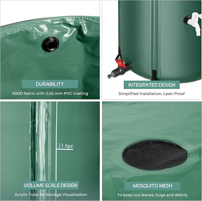 Rain Barrels to Collect Rainwater from Gutter - Rain Collection Barrel Water Barrel Rainwater Collection System Collapsible Rain Barrel Include Filter Two Spigots and Overflow Kit (66 Gallon, Green)