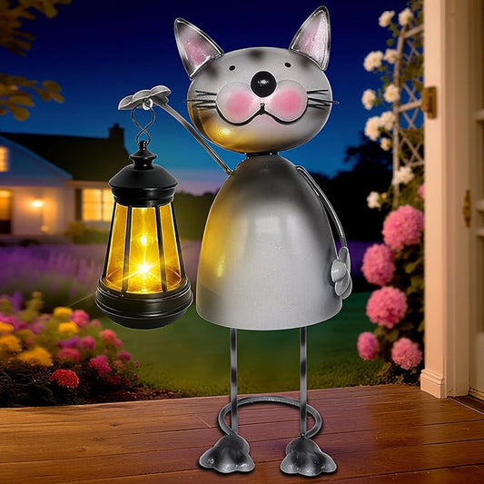 Garden Decor Cat Solar Statues,Unique Garden Statues Cat with Solar Lantern Waterproof, Birthday Gifts for Women Mom Grandma, Front Patio Balcony Yard Art Lawn Ornaments Porch Outdoor Decoration