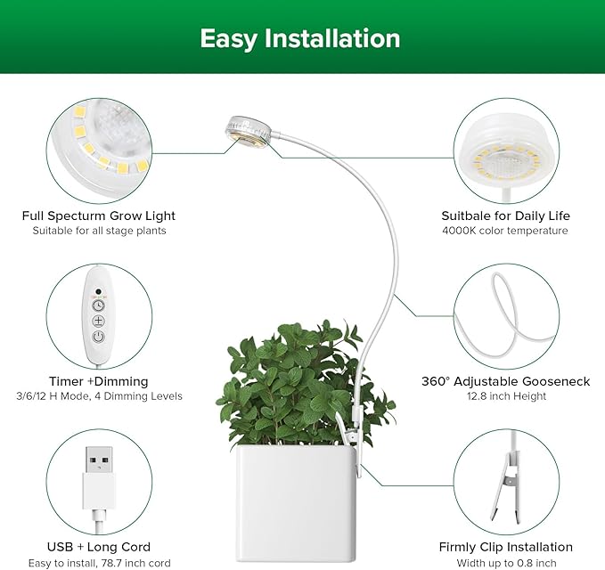 SANSI Grow Lights for Indoor Plants, ETL Listed Pot Clip LED Plant Lights for Indoor Growing, Full Spectrum, 4-Level Dimmable, Auto On Off 3 6 12 Hrs Timer for Small Plants, Garden White 5V 6-Pack