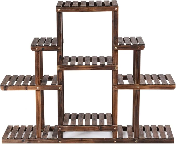 Giantex Flower Rack Wood Plant Stand Wood Shelves Bonsai Display Shelf Indoor Outdoor Yard Garden Patio Multifunctional Storage Rack Bookshelf W/Hollow-Out Rack (47.5”Lx 10’’Wx 38’’H (6 Tier))