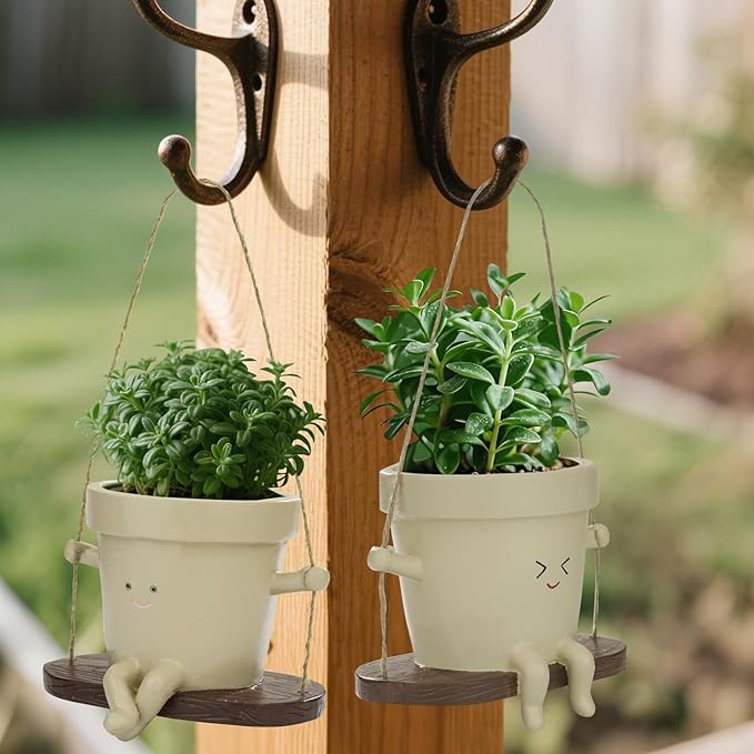 Hanging Planter Swing Face Plant Pot Cute Resin Head Planters Without Hole Indoor/Outdoor Plant Holder for Succulents, Unique Sitting Sway Pots Gift Ideas for Mother (2Pack-Style-AB)