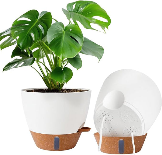 2 Pack 10 inch Plant Pots, Plastic Self Watering Planters with Drainage Holes, Deep Reservoir, Water Level Indicator, Modern Decorative Flower Pots for Indoor Outdoor Plants (White, 10 inch)