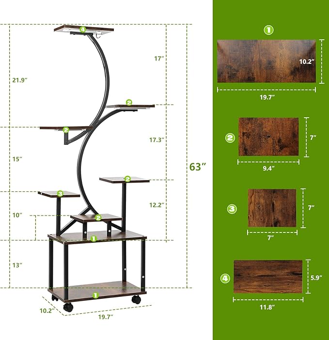 Plant Stand with Grow Light, Plant Shelf with Grow Light, 8-Tiered Metal Plsnt Shelf with Full-Spectrum Grow Lights and 4 Wheels for Multiple Indoor Plants