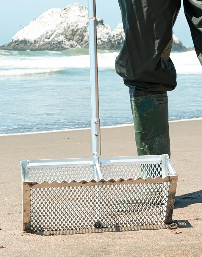 Sand Flea Rake,16-Inches Wide Basket, 52” Long Strong Handle, Sharp Teeth, Curved Handle Design [One Piece Handle Version]