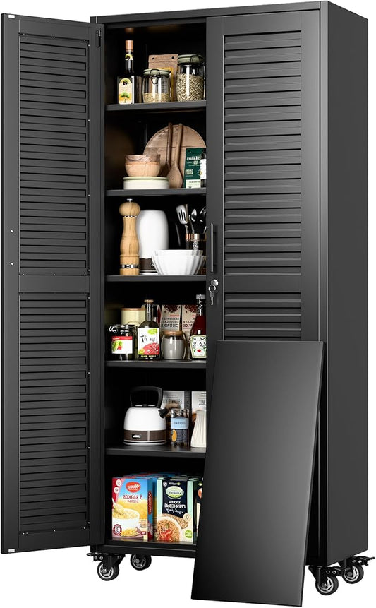 Garage Storage Cabinet with Wheels, Lockable Metal Storage Cabinet with 5 Adjustable Shelves, Magntic Door for Garage Home Office Utility Room,Required Assembly,Black,70.87"H x 31.5"W x 15.75"D
