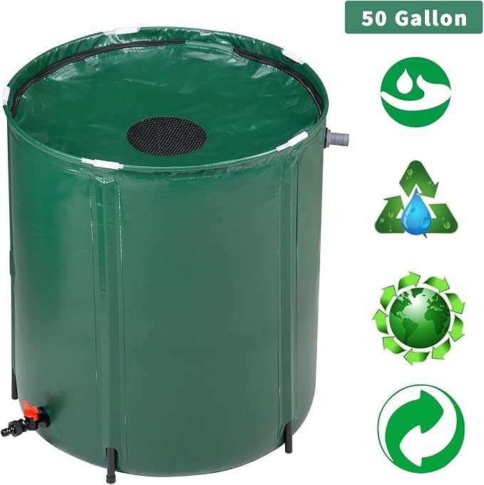 50 Gallon Collapsible Rain Barrel, Water Storage Tank, Portable Rainwater Collection System, Rain Catcher Barrel with Spigots and Overflow Kit, Rain Water Barrel Collector for Garden, Green