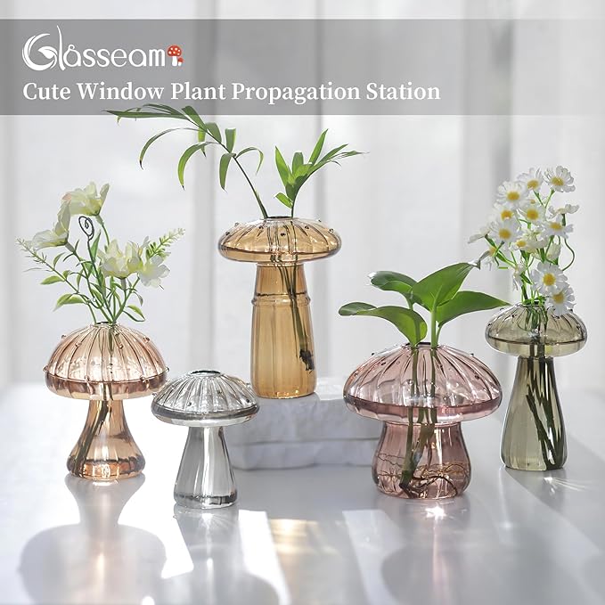 Glasseam Colored Mushroom Plant Terrarium: Glasseam Hand-Blown Glass Propagation Stations - Small Hydroponic Jars for Home Table Window Autumn Decor - Gifts for Plant Lovers (10Pcs)