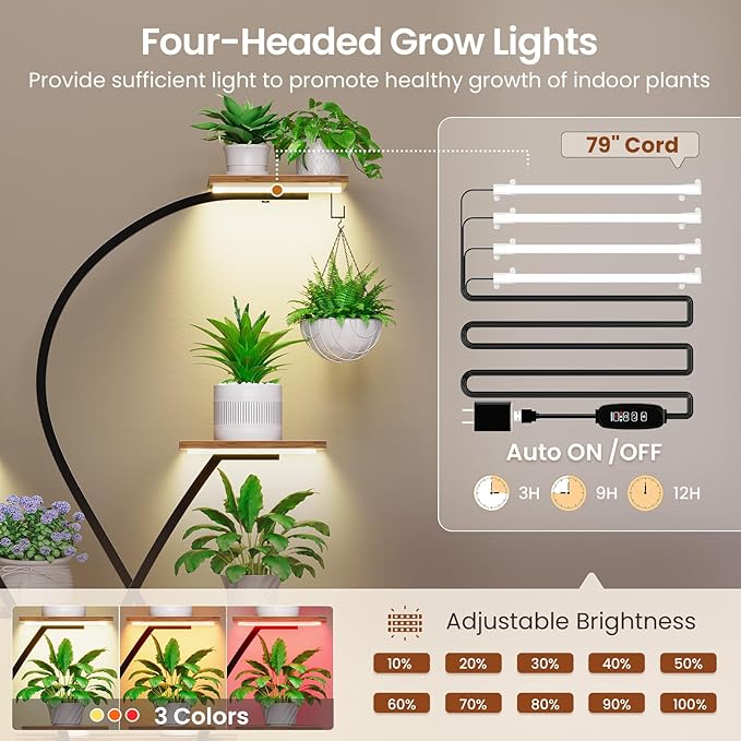 Itaar Plant Stand Indoor with Grow Light, 2-Pack 64" Tall Plant Shelf, 7 Tiered Corner Plant Stand with Wheels, Large Plant Rack Display Shelves, Curved Plant Holder for Living Room, Rustic Brown