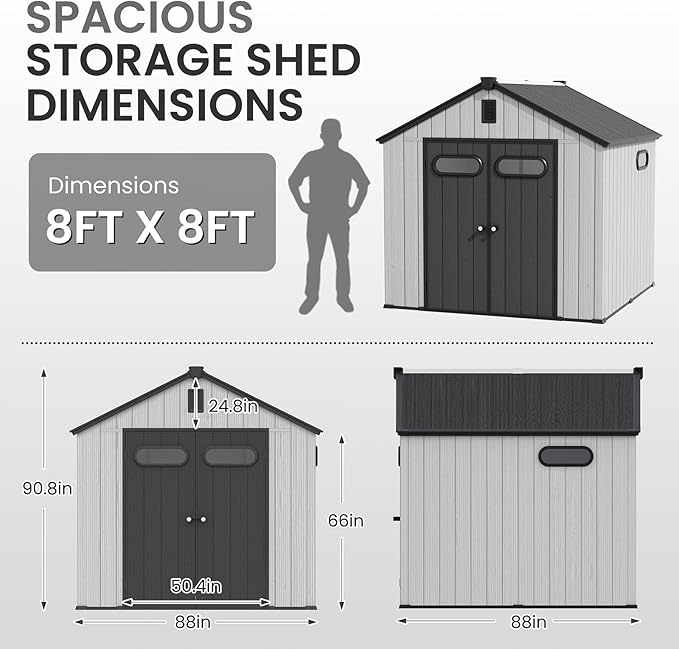 CRESTLIVE 8x8 FT Rust-Resistant Plastic Outdoor Storage Shed, Waterproof Resin Garden Shed with Floor, Doors, Skylight & Vent for Lawn Tools & Bikes