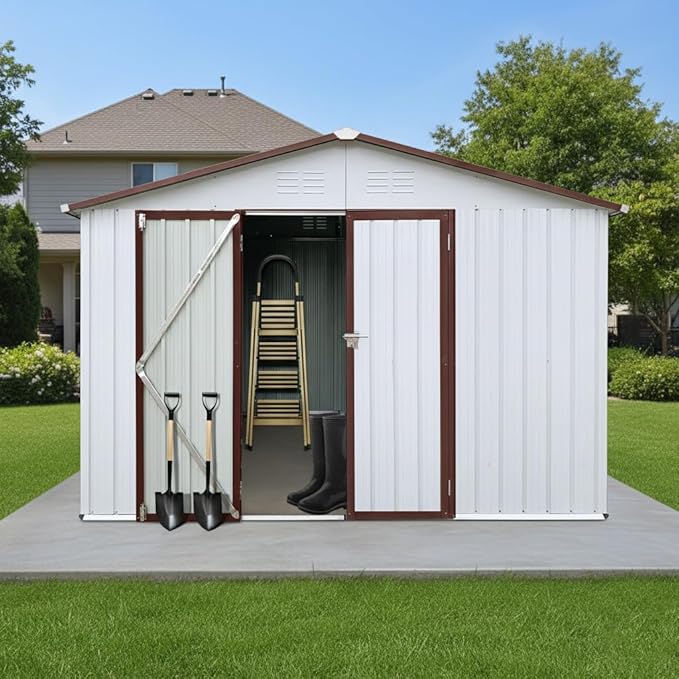 10x12 FT Storage Shed,Metal Aluminum Garden Shed,with Punched Vents,Waterproof Cabinet w/Hinged Door and Padlock,Tool House for Storing Bicycles,Lawnmowers,Barbeques,White+Coffee