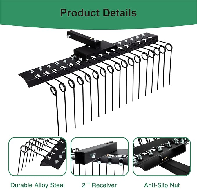 48" Durable Pine Straw Rake Steel Spring Landscape Rake Fits 2" Receiver for Lawn Tractors or ATV/UTV Black