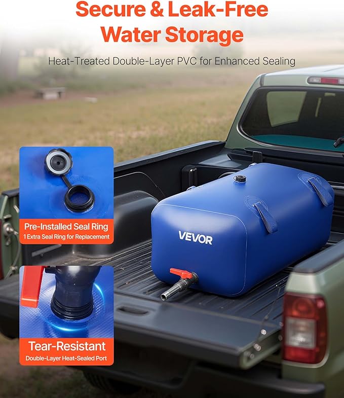 VEVOR Water Storage Bladder 30 Gallon Large Capacity Water Bag, Portable & Collapsible Soft Waters Container, Leakproof & Tear-Resistant PVC Emergency Waters Storage Tank for RV Truck & Outdoor Use
