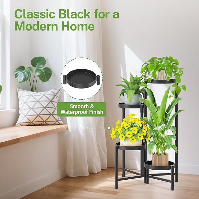 iDavosic.ly Plant Stand Indoor Outdoor, 4 Tier Corner Metal Flower Display Holder Shelf, Easy Assembly Folding Tall Orchid Rack for Patio Balcony Porch Garden Living Room House, Black