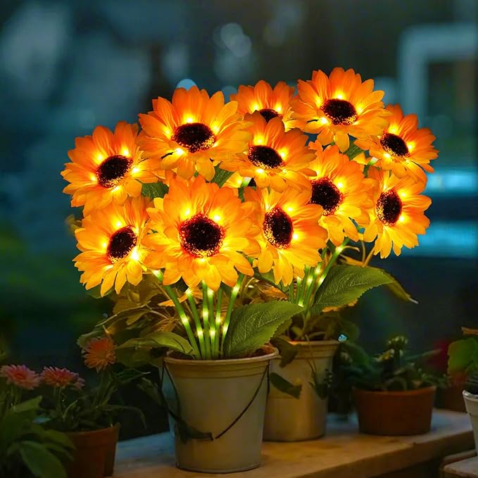 Solar Garden Lights 4 Pack 24 Sunflower Lights, Sunflowers Birthday, Waterproof Solar Flower Light for Outdoor Thanks Giving Decoration, Decorative Stakes for Yard,Landscape,Patio