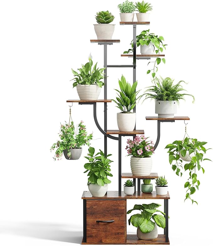cebihy 9 Tiered 59'' Plant Stand Indoor with Grow Light 3 Color Modes, Plant Shelf with Drawer, 10 Brightness Levels, Timer, Wide Base, Corner Plant Stands for Living Room, Balcony (Tall 59'')