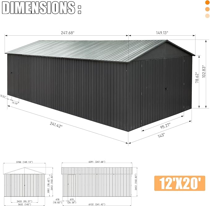12x20FT Metal Storage Shed, Metal Garage Shed or Heavy Duty Carport, Lockable Double Hinged Doors, Extra Large Car Shelter for Car Truck Motorcycle Lawn Equipment, Wind Resistant