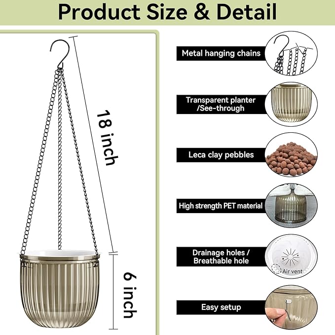 ZeeDix 3 Pack Self Watering Hanging Planters, 6.5 Inch Indoor Plant Pots with 3 Hooks Visible Water Level and Drainage for Home, Wall, Window Decor Outdoor Use(Starry Gray)