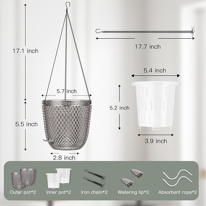 QCQHDU Self Watering Hanging Pots, 2 Pack 5.7 Inch Hanging Planters for Plants Indoor, Outdoor Flower Pots with Drainage Holes and 3 Hooks Chains for Garden Home (Gray)