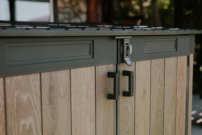 Keter Signature Collection All-Weather Storage Shed with Skylight, Window, Built-in Ventilation, Customizable Walls, & Lockable Double Doors, Walnut