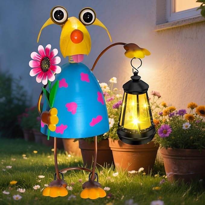 Solar Garden Lights Dog Statue with Solar Lantern Lights,13.38 inch Garden Lawn Decoration,Birthday Gifts for Women Grandma,Gardening Gifts Decorative Stakes for Yard,Patio,Porch, Christmas