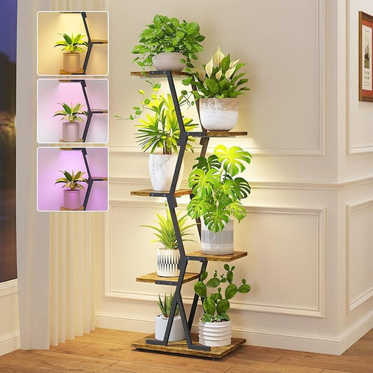iDavosic.ly 5 Tier Indoor Plant Stand with Grow Light, Corner Tall Metal & Wood Flower Shelf, Orchid Display Rack for Living Room Balcony, Space Saving & Multifunctional Display, Black & Brown