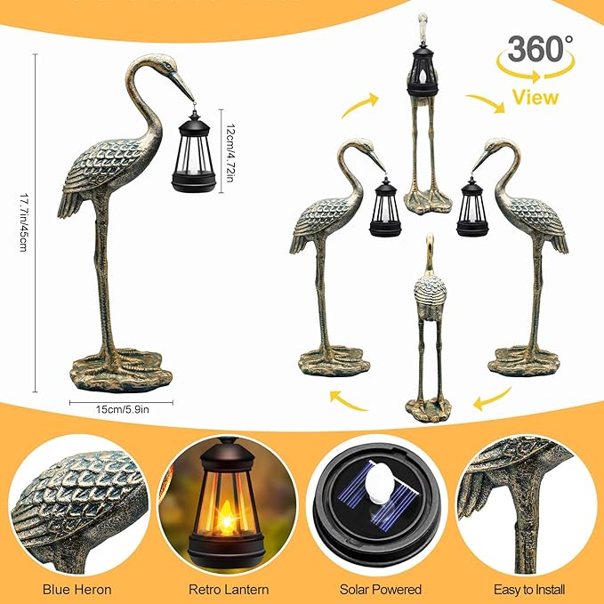 Solar Garden Statue Crane Figurine, Outdoor Hanging Solar Lanterns, 17.7 Inch Blue Heron Sculpture Statue for Patio Yard Porch, Garden Decor for Outside Gifts for Christmas Mom, Women, Mother's Day