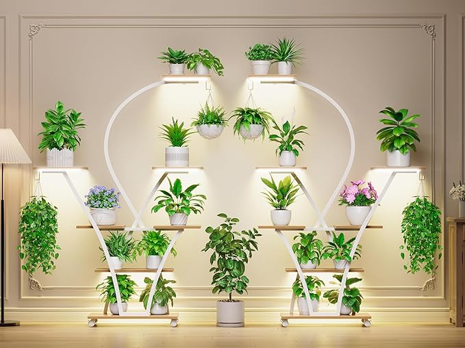 Itaar Plant Stand Indoor with Grow Light, 2-Pack 64" Tall Plant Shelf, 7 Tiered Corner Plant Stand with Wheels, Large Plant Rack Display Shelves, Curved Plant Holder for Living Room, White