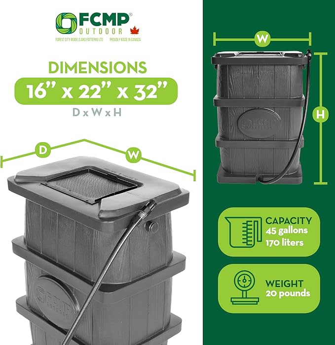 FCMP Outdoor Slim Line Design 45-Gallon Wood Grain Outdoor Home Rain Water Catcher Barrel Flat Back Container with Spigots and Mesh Screen, Grey
