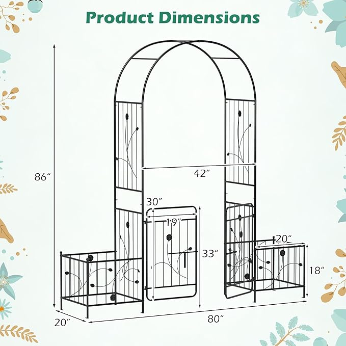 Giantex Garden Arch with Planter - 86 inch Metal Garden Arbor with Gate, Arch Trellis for Climbing Plants Rose, Wedding Archway Pergola for Lawn Patio Bridal Party Decoration