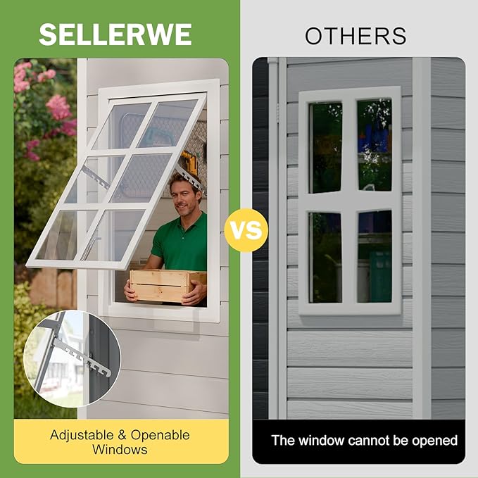 8x6x7 FT Resin Storage Shed, Waterproof Outdoor Storage Shed w/Floor, 2 Adjustable Openable Windows, Double Lockable Doors & Vents, Tool Shed for Patio Garden, Lawn, Backyard, Gray