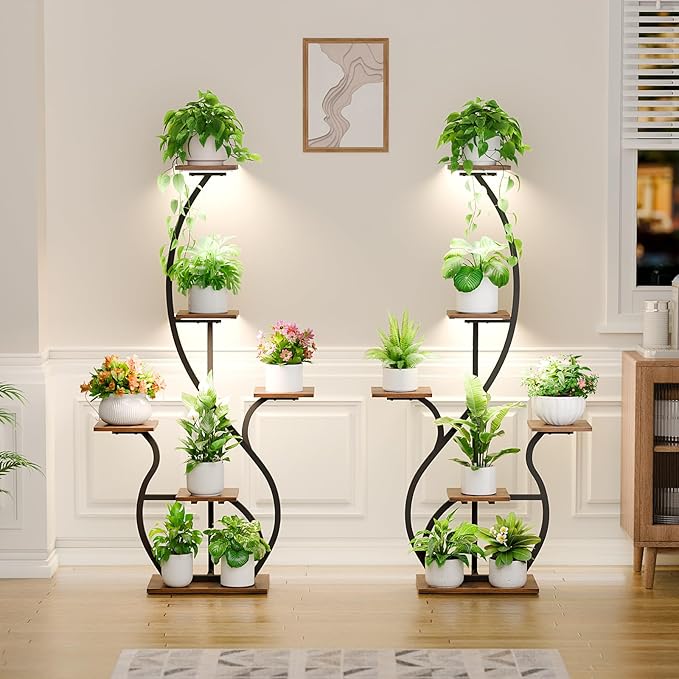 Plant Stand Indoor with Grow Light: 55" Tall Corner Shelf for Multiple Plants, Lighted Plant Stands for Indoor Growing, 6 Tiered S-Shaped Flower Display Stand for Living Room, Patio, Balcony (Black)