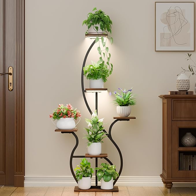 Plant Stand Indoor with Grow Light: 55" Tall Corner Shelf for Multiple Plants, Lighted Plant Stands for Indoor Growing, 6 Tiered S-Shaped Flower Display Stand for Living Room, Patio, Balcony (Black)
