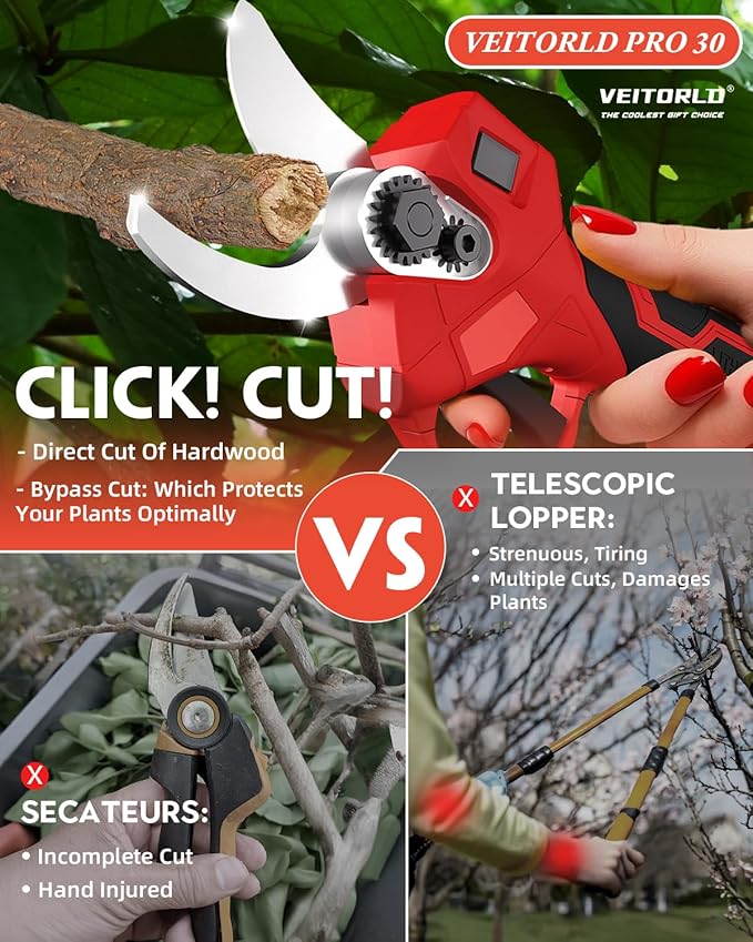 VEITORLD 2-IN-1 Cordless Electric Pole Pruning Shears, 15ft Reach, 1.2" Cutting Diameter, Battery Powered with 2x 2000mAh, Brushless Motor for Efficient Garden Tree Trimming, Branch Cutting（Red）