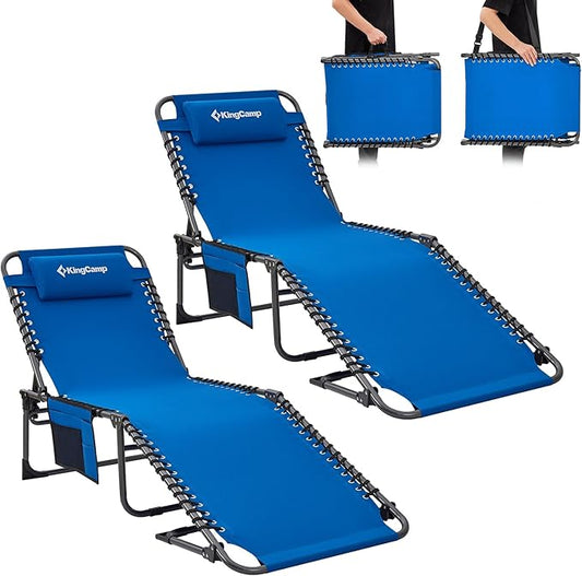 KingCamp 2 Pack Lounge Chair Outdoor, Folding Tanning Chairs Comfy Adjustable 5-Position Lay Flat Foldable Chaise Chaser Lounger with Pillow for Outside Beach Patio Sun Bathing Pool, Blue