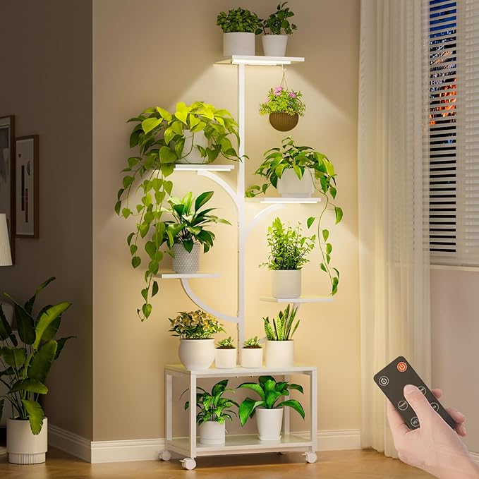 Plant Stand Indoor with Grow Lights, 60" Tall 7-Tier Corner Plant Stand for Indoor Plants Growing, Metal Tree-Shaped Display Rack for Home, Patio - White