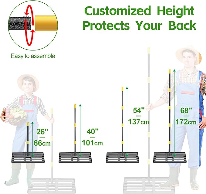 Lawn Leveling Rake 30”x10” Large Heavy Duty Metal Lawn Leveler with 65” Long Adjustable Handle Proffesional Yard Leveling Rake for Soil Dirt Sand Compost Efficient Lawn Leveling Tool