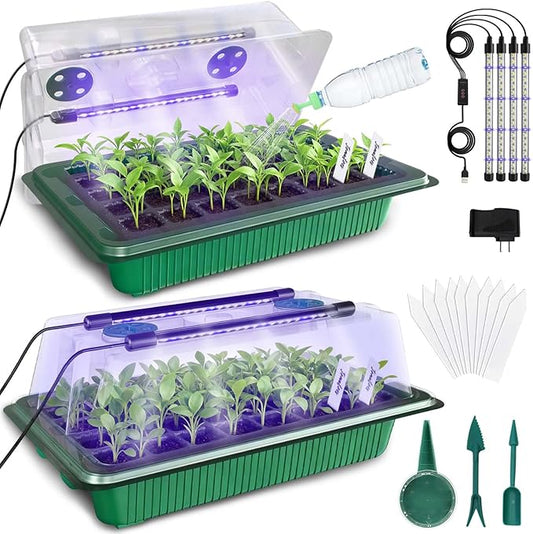 MQUPIN Seed Starter Tray with Grow Light 4 LED, 2 Pack/80 Cells Adjustable Brightness Seed Starter Kit,Seedling Starter Kit with Dome and Base for Greenhouse Seeds Growing Starting(Green)