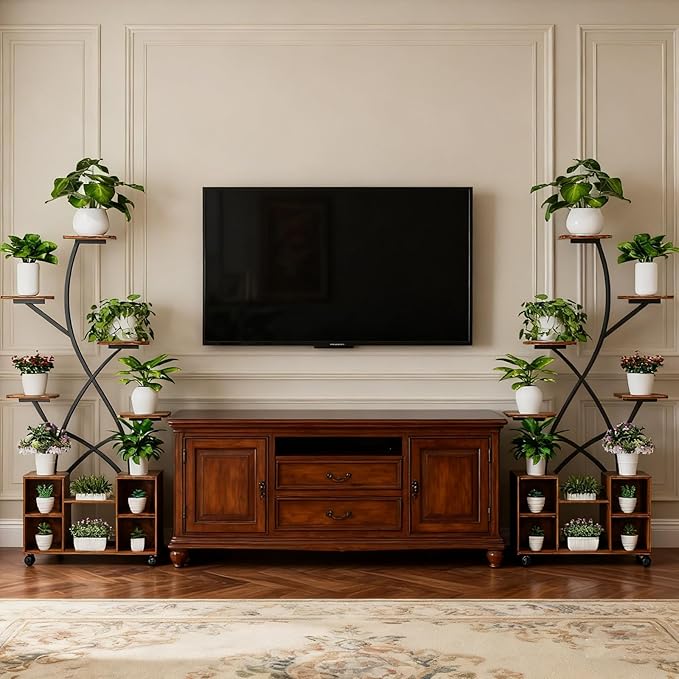 Artswish 63” Plant Stand Indoor with Grow Lights & Wheels, Metal Plant Shelves, 8-Tier Lighted Plant Stands for Multiple Plants, Corner Plant Holder, Metal Flower Rack for Home, Patio, Rustic Brown