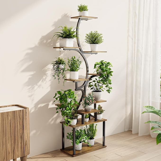 Plant Stand Indoor with Grow Lights - 9-Tier Curved Plant Stand, Tall Metal and Wood Indoor Plant Shelf with Unique Arched Design, Multi-Tier Flower Pot Holder Rack with Waterproof Finish, 63" Tall for Living Room, Balcony, and Garden