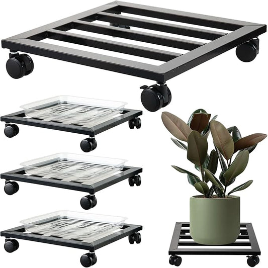 3 Packs 13.6 inches Large Metal Plant Caddy with PU Wheels Square Planter Dolly Pot Mover Rollers Iron Rolling Wheeled Plant Stands Indoor Outdoor Plant Holder Coaster Trolley, Black