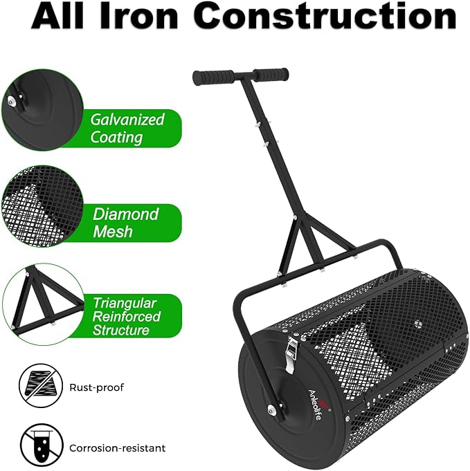 A ANLEOLIFE 24 Inch Compost Spreader, Lawn and Garden Peat Moss Roller with Side Latches, 24-31.1" Height Adjustable Handle, Metal Mesh Basket for Spreading Topsoil, Manure, Mulch, Black