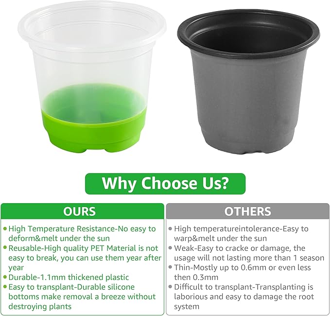 MIXC Thickened Clear Nursery Pots with Silicone Base for Easy Transplant 30 Packs 5 Inch, Transparent Plant Pot Reusable Seedling Pots for Vegetable Propagation, Root Cutting, Seed Starting, Green